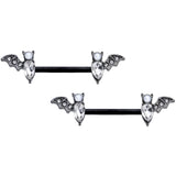 14G 9/16 Clear Gem Black Bat Halloween Barbell Nipple Ring Set
