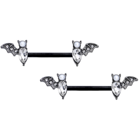 14G 9/16 Clear Gem Black Bat Halloween Barbell Nipple Ring Set