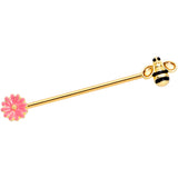 14G Clear Black Gem Gold Tone Bee Floral Industrial Barbell 38mm