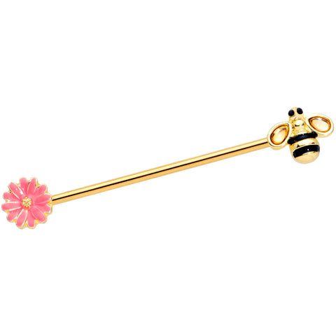 14G Clear Black Gem Gold Tone Bee Floral Industrial Barbell 38mm