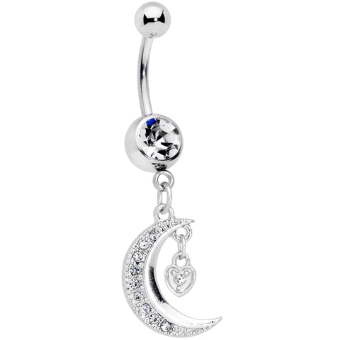 Clear CZ Gem Heart Padlock Crescent Moon Dangle Belly Ring