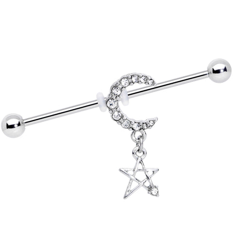 14G Clear Gem Moon Star Dangle Industrial Barbell 38mm