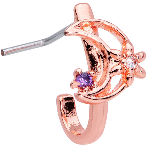 22G 5/16 Blue CZ Rose Gold Tone Moon Faux Hoop L Shaped Nose Ring