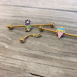 14G Clear Gem Gold Tone Ice Cream Cone Industrial Barbell 38mm