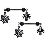 14G 9/16 Clear Gem Black Spider Web Dangle Barbell Nipple Ring Set