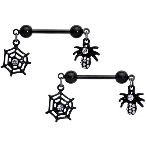 14G 9/16 Clear Gem Black Spider Web Dangle Barbell Nipple Ring Set