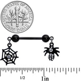 14G 9/16 Clear Gem Black Spider Web Dangle Barbell Nipple Ring Set