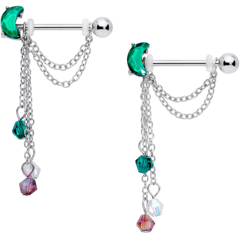 14G 9/16 Clear Green Gem Moon Trio Dangle Barbell Nipple Ring Set