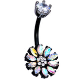 Clear Aurora CZ Gem Black Plated Flower Belly Ring
