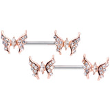 14G Clear CZ Gem Rose Gold Hue Drama Butterfly Barbell Nipple Ring Set