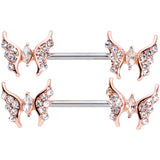 14G Clear CZ Gem Rose Gold Hue Drama Butterfly Barbell Nipple Ring Set