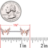 14G Clear CZ Gem Rose Gold Hue Drama Butterfly Barbell Nipple Ring Set