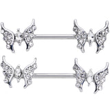 14G 9/16 Clear CZ Gem Drama Butterfly Barbell Nipple Ring Set