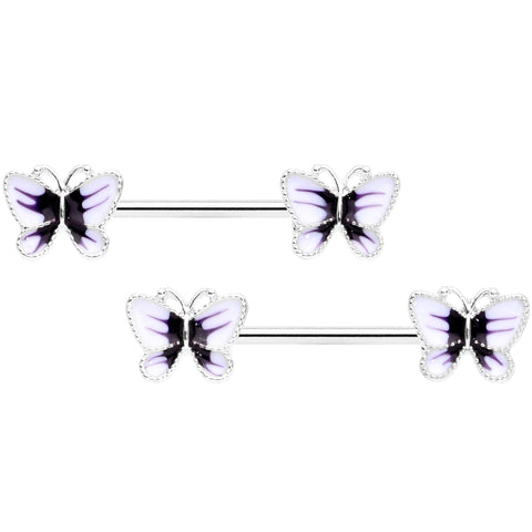 14G 9/16 White Purple Butterfly Barbell Nipple Set