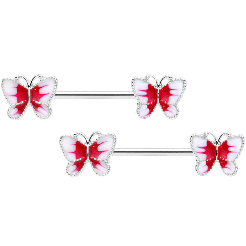 14G 9/16 White Red Butterfly Barbell Nipple Set