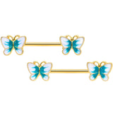 14G 9/16 Gold Tone White Green Butterfly Barbell Nipple Set
