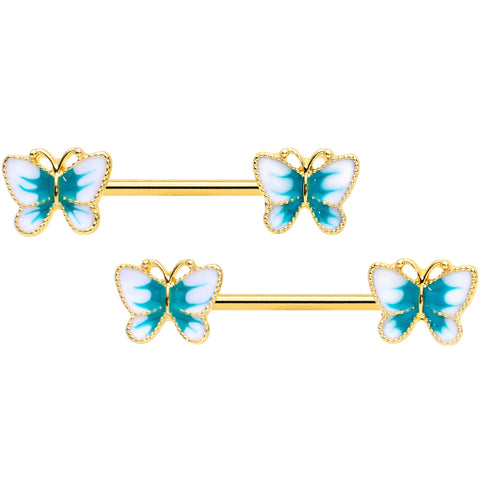 14G 9/16 Gold Tone White Green Butterfly Barbell Nipple Set