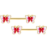 14G 9/16 Gold Tone White Red Butterfly Barbell Nipple Set
