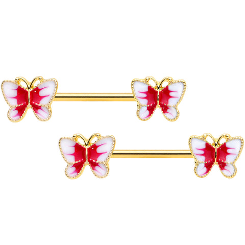 14G 9/16 Gold Tone White Red Butterfly Barbell Nipple Set