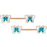 14G 9/16 Rose Gold Tone White Green Butterfly Barbell Nipple Set