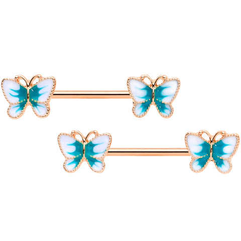 14G 9/16 Rose Gold Tone White Green Butterfly Barbell Nipple Set