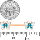 14G 9/16 Rose Gold Tone White Green Butterfly Barbell Nipple Set