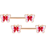 14G 9/16 Rose Gold Tone White Red Butterfly Barbell Nipple Set