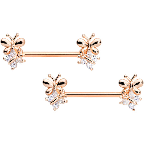 14G 5/8 Clear CZ Gem Rose Gold Tone Butterfly Barbell Nipple Set