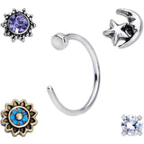 20G Clear CZ Gem Sun Moon Assorted L Shaped Nose Ring Set of 6