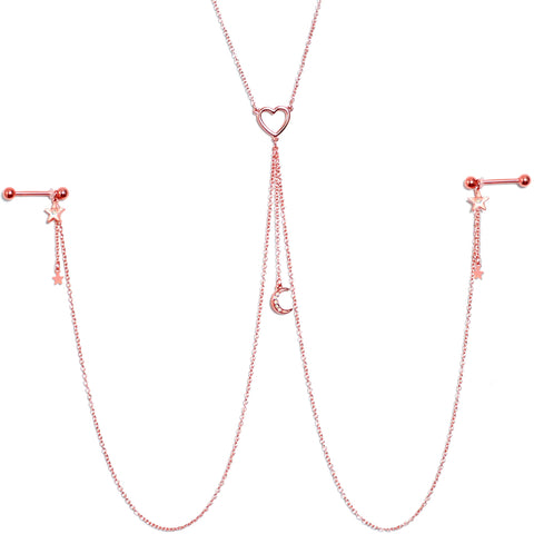 14G 5/8 Aurora Gem Rose Gold Hue Star Moon Nipple Chain Necklace