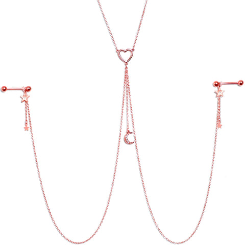 14G 5/8 Clear Gem Rose Gold Hue Star Moon Nipple Chain Necklace