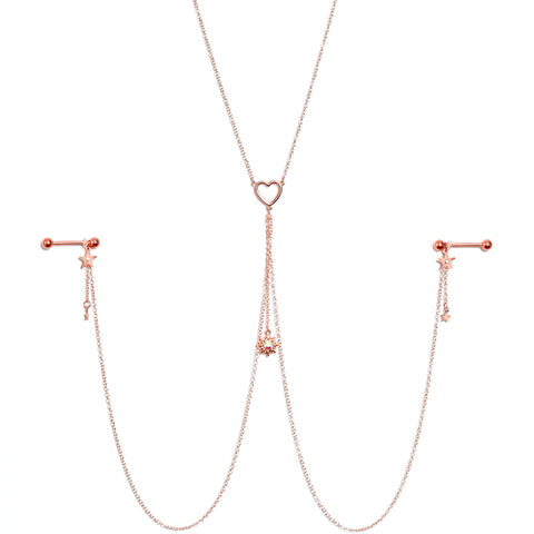 14G 5/8 Aurora Gem Rose Gold Hue Star Sun Nipple Chain Necklace