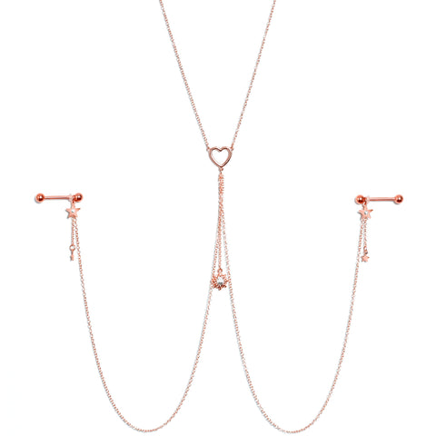 14G 5/8 Clear Gem Rose Gold Hue Star Sun Nipple Chain Necklace