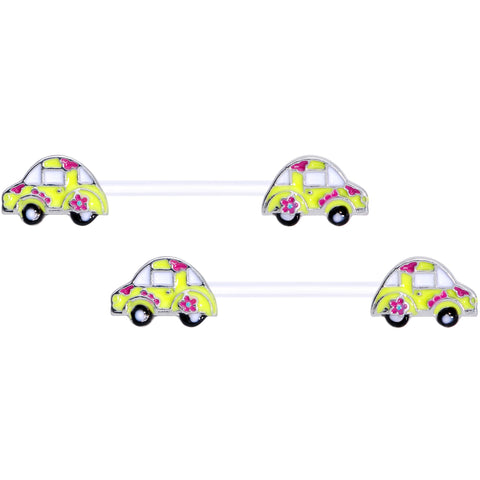 14G 9/16 Clear Bioplast Retro Hippie Car Barbell Nipple Ring Set