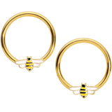 14G 9/16 Gold Tone Black White Bee BCR Captive Nipple Ring Set