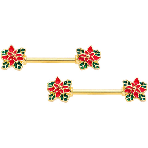 14G 9/16 Gold Tone Poinsettia Christmas Barbell Nipple Ring Set