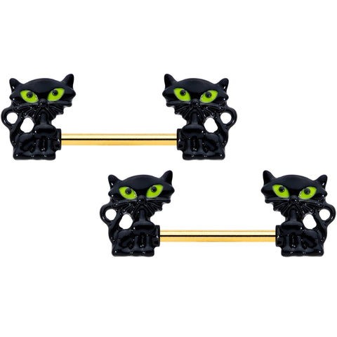 14G 9/16 Gold Tone Black Cat Halloween Barbell Nipple Ring Set