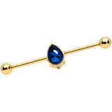 14G Blue Gem Gold Tone Noble Drop Industrial Barbell 38mm