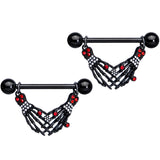 14G 9/16 Red Gem Skeleton Hands Halloween Dangle Nipple Ring Set