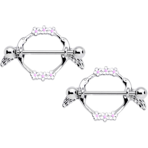 14G 9/16 Pink White Flower Hummingbird Nipple Shield Set