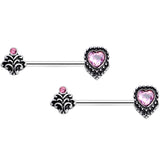 14G 9/16 Pink Gem Regal Valentines Heart Barbell Nipple Ring Set