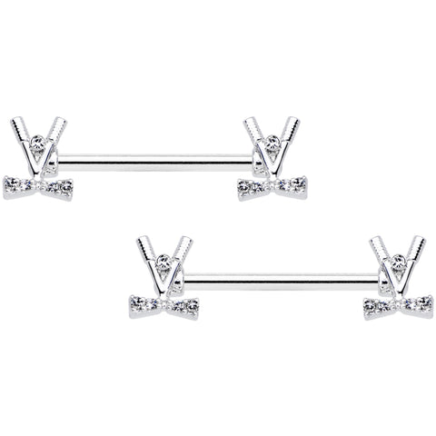 14G 9/16  Clear CZ Gem Crossed Golf Clubs Barbell Nipple Ring Set