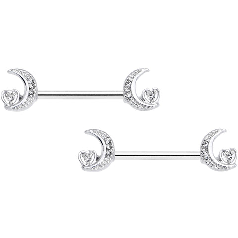 14G 9/16 Clear CZ Gem Moon Heart Barbell Nipple Ring Set