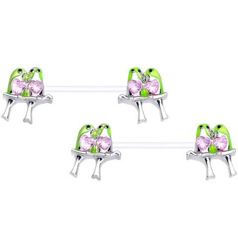 14G 9/16 Pink Gem Bioplast Green Lovebirds Barbell Nipple Ring Set