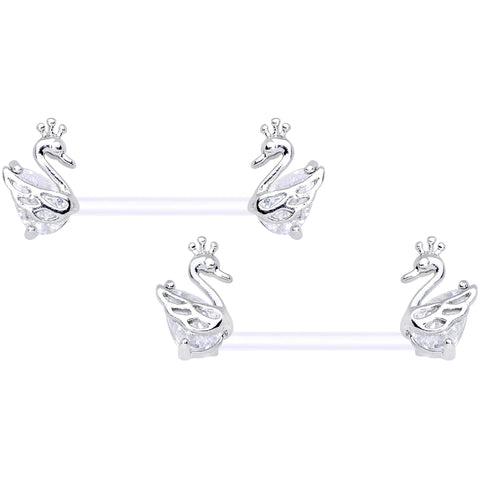 14G 9/16 Clear CZ Gem Bioplast Swan Queen Barbell Nipple Ring Set