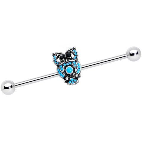 14G Black Gem Ornate Blue Owl Industrial Barbell 38mm