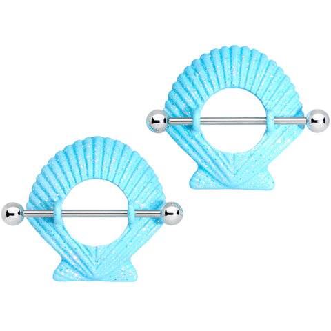14G 29mm Iridescent Blue Scallop Shell Nautical Nipple Shield Set