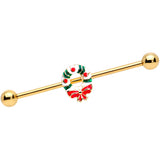 14G Gold Tone PVD Christmas Wreath Industrial Barbell 38mm