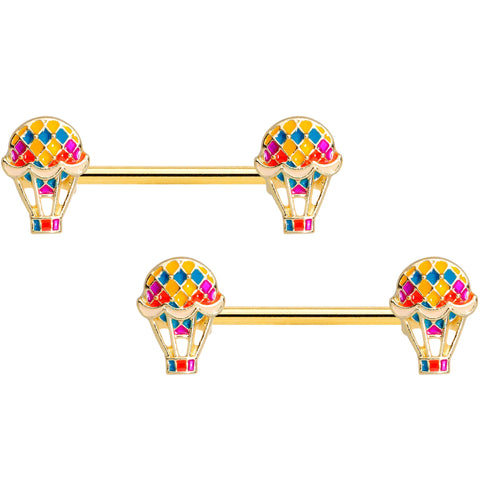 14G 9/16 Gold Tone Red Hot Air Balloon Barbell Nipple Ring Set