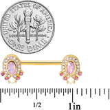 14G 9/16 Pink Gem White Faux Opal Gold Tone Barbell Nipple Set